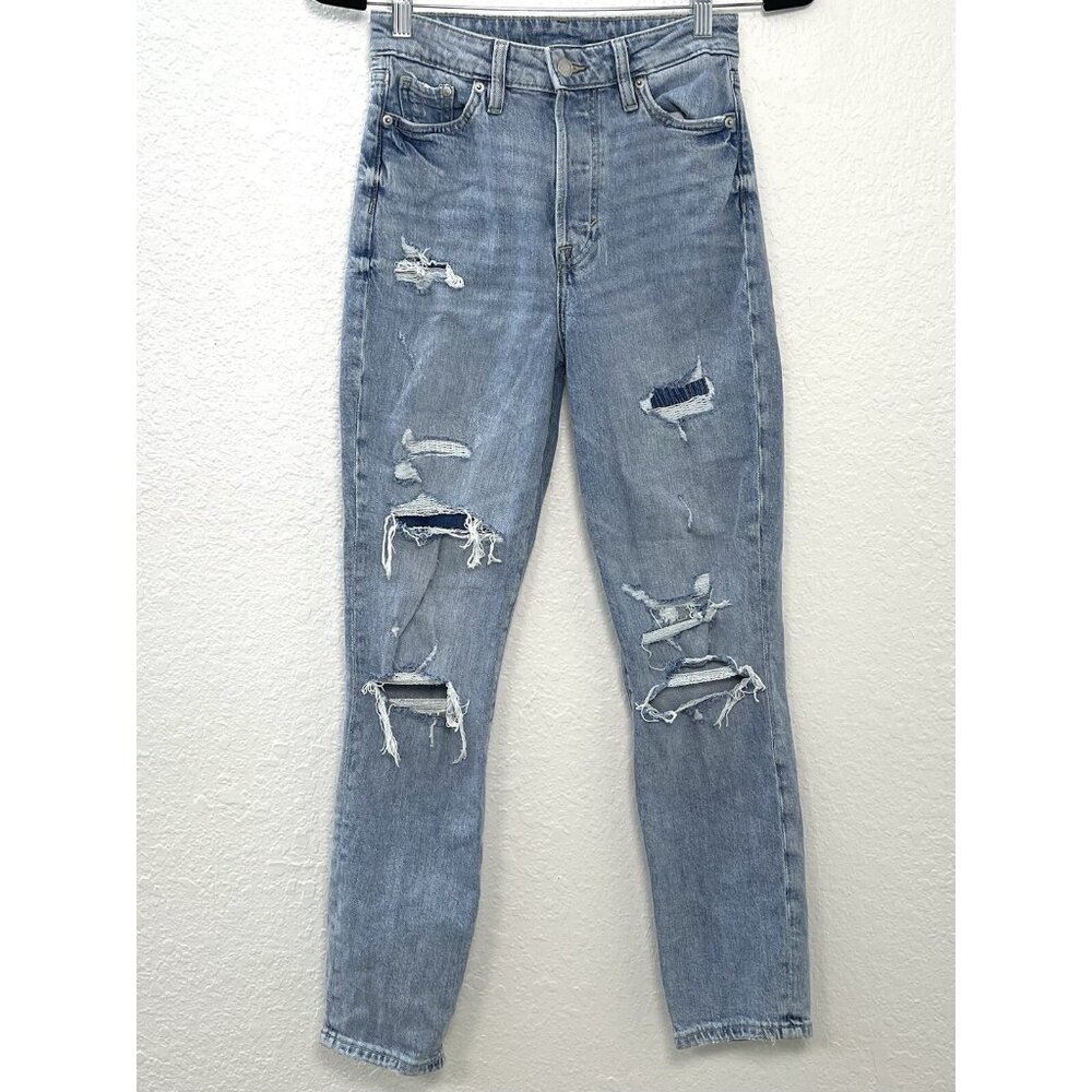 H&M &Denim Womens SIZE 2 Light Wash Mom JEANS Ultra High Waist Distressed EUC